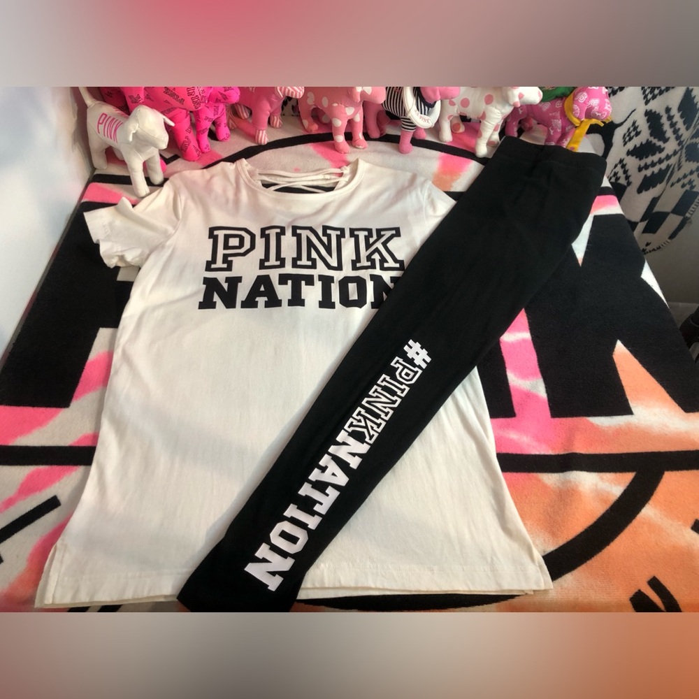 PINK Victoria's Secret Pink Nation White T-shirt with Matching Leggings Set